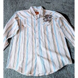 Scorpio Pearl Snap Rodeo Shirt Mens Size S Blue White Tan Stripes Long Sleeve